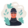 Vector illustration of male burglars face in mask and beany hat.