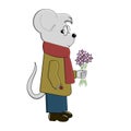 Vector illustration male cartoon mouse standing on its hind legs in clothes, shoes and with a scarf holding flowers and glasses on