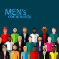 Vector illustration of male community with a large group of guys and men. urban lifestyle concept