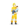 Vector illustration Male firefighter save boy from fire