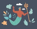 Vector illustration of male mermaid on dark background.