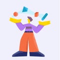 Vector illustration male person juggling 3d geometric figures different shape big limbs style