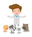 Vector illustration of a male veterinary physician and pets: cat, dog.