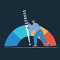 Vector illustration of man with arrow and scale level of stress. Nervous stress and fatigue over dark backround.