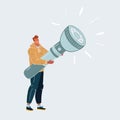 Vector illustration of man with big giant flashlight in his hands. Royalty Free Stock Photo