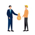 Vector illustration of a man in a business suit gives a money bag with a percent sign to a man in a helmet Royalty Free Stock Photo