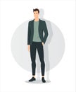 Vector illustration. A man in a classic dark jacket, white shirt and dark pants, neutral light background.