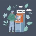 Vector illustration of man draws out money in a cash ATM on dark background.