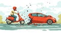 Vector illustration of a man driving a motorbike and hit car on the road. Crash accident Royalty Free Stock Photo