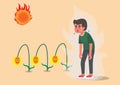 Vector illustration of a man sunburn on a summer day He was exhausted and exhausted