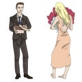 Vector illustration man and girl with a box of candies and flowers