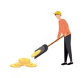 Vector illustration of a man in a helmet with a shovel collects dollar coins Royalty Free Stock Photo