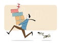 Vector illustration man holding gift box and angry dog Royalty Free Stock Photo