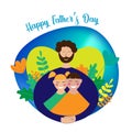 Vector illustration with a man hugging children. Happy father`s day card