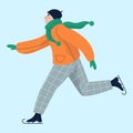 Vector illustration of man ice skating in warm winter clothes.