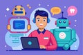 Vector illustration of a man interacting with chatbot and artificial intelligence in a colorful digital workspace Royalty Free Stock Photo