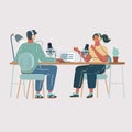 Vector illustration of man interviewing a woman in a radio studio. Making podcast process. Air, live blog concept on Royalty Free Stock Photo