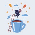 Vector illustration of man jump into big coffee mug Royalty Free Stock Photo