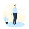 Vector illustration of a man jumping rope in the room. It represents a concept of home activity, healthy lifestyle