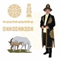 Vector illustration of a man in a Kazakh national costume on the white background, a set of elements, an ornamentan