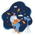 Vector illustration of Man make tutorial video with camera. Person playing guitar foronline lesson. Internet class to