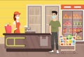 Vector illustration of man in mask in supermarket. People wearing masks during shopping in grocery shop. Quarantine time