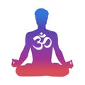 Vector illustration of a man meditating in the lotus pose. Male silhouette in gradient blue, pink, violet colors and religious sig Royalty Free Stock Photo