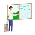 Vector illustration of man opening an open window, ventilating the room of the hotel. Concept art for Ã¢â¬ËTraveling in the New Royalty Free Stock Photo