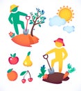 Vector illustration man planting a tree and admire the sun. gardener and his garden under the hot sun Royalty Free Stock Photo