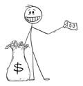 Vector Cartoon Illustration of Man or Businessman Giving Money Away From Dollar Bag