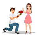 Vector illustration of man proposes a woman to marry him and gives an engagement ring and flowers. An offer of marriage
