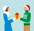 Vector illustration of a man in Santa hat gives a girl a gift