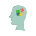 Vector illustration of man silhouette with broken jigsaw puzzle with one element apart. Mental health psychology logic brain games