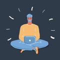 Vector illustration of man sitting ta floor and working at laptop on dark backround. Royalty Free Stock Photo