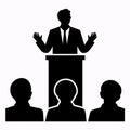 Black silhouette, tattoo of a man speaking in front of a crowd on white background. Vector Royalty Free Stock Photo