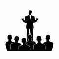 Black silhouette, tattoo of a man speaking in front of a crowd on white background. Vector Royalty Free Stock Photo