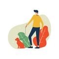 Vector illustration, man standing with a dog in garden