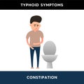 Vector illustration of a man standing near the toilet and holding his hand on his stomach. The person suffers from constipation.