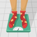 Vector illustration of a man standing on a scale. Weighing. Excess weight Royalty Free Stock Photo