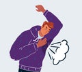 Vector illustration of man with sweat stain perspire drying clothes