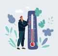 Vector illustration of man with thermometer in her hands. Human character on dark.