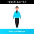 Vector illustration of a man with a thermometer who has a high temperature. A person suffering from tonsillitis experiences