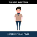 Vector illustration of a man with a thermometer who has a very high temperature. A person suffering from typhoid fever experiences