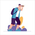 Vector illustration of man tourist traveler with backpack looks through binocular Royalty Free Stock Photo