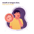 Vector illustration of a man with ulcers on his tongue. Non-healing wounds in the oral cavity. A man holds his face with