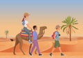 Vector illustration of man walking with guide and woman riding camel in desert. Royalty Free Stock Photo