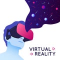 Vector illustration of man wearing virtual reality headset. Abstract VR modern illustration with space elements Royalty Free Stock Photo