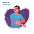 Vector illustration of a man who is experiencing pain in his elbow. The man hit his hand, the pain does not subside. The