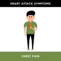 Vector illustration of a man who has chest pain. Man with heart attack symptoms. Compressive chest pain, angina pectoris.