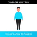 Vector illustration of a man who has a yellow coating on his tongue. White-yellow dots on the tongue of a person with tonsillitis